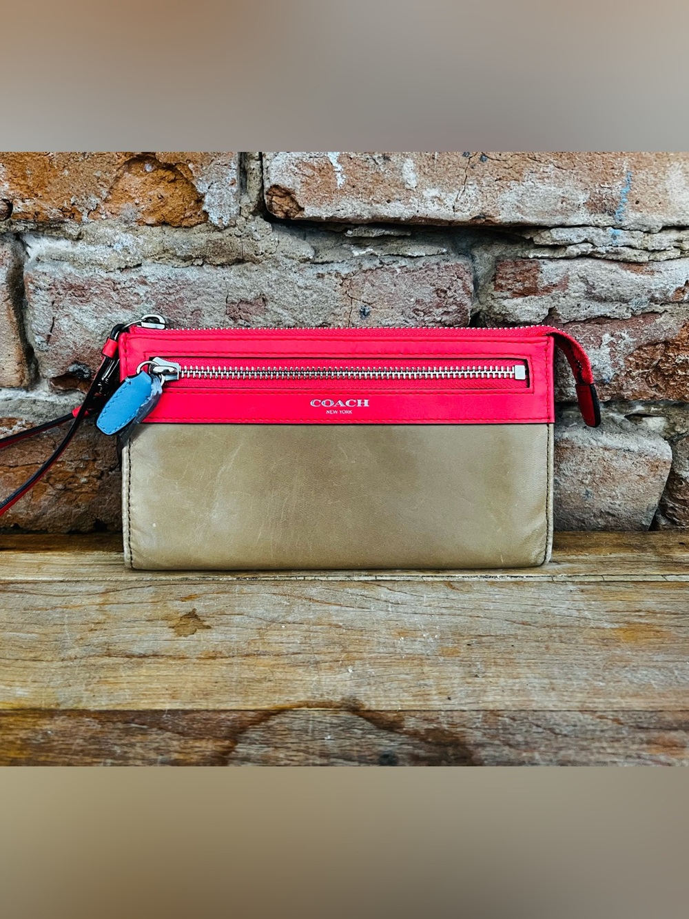 Coach Two-Tone Leather Wristlet in Coral, Khaki & Blue